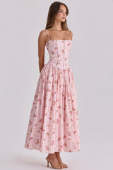 Pink Vintage Rose Print Cotton Midi Sundress
