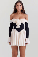 Black & Cream Off Shoulder Dress
