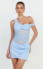 Lola Mini Dress - One Shoulder Contrast Bodycon Dress in Baby Blue