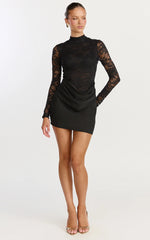Thalassa Mini Dress - Turtle Neck Long Sleeve Drape Bias Cut Dress in Black