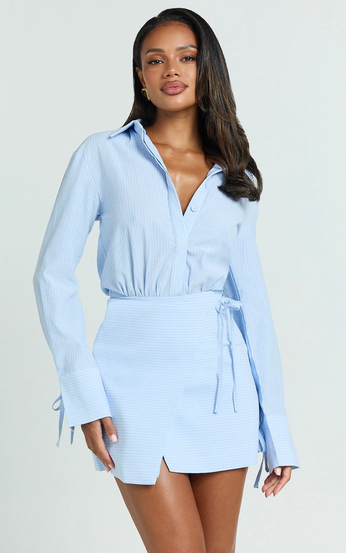 Heath Mini Dress - Collared Button Up Shirt Dress in Blue Stripe