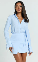 Heath Mini Dress - Collared Button Up Shirt Dress in Blue Stripe