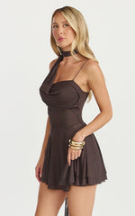 Karla Mini Dress - Asymmetric Tie Neck Fit And Flare Dress in Chocolate