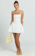 Monet Mini Dress - Button Down Ruched Front Fit And Flare Dress in Off White