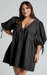Rosita Mini Dress - Tie Front Puff Sleeve Dress in Black