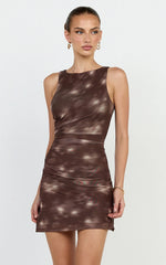 Nica Mini Dress - Mesh Boat Neck Dress in Chocolate Blurred Print