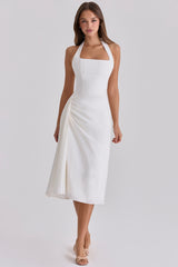 White Halter Neck Cotton Midi Dress