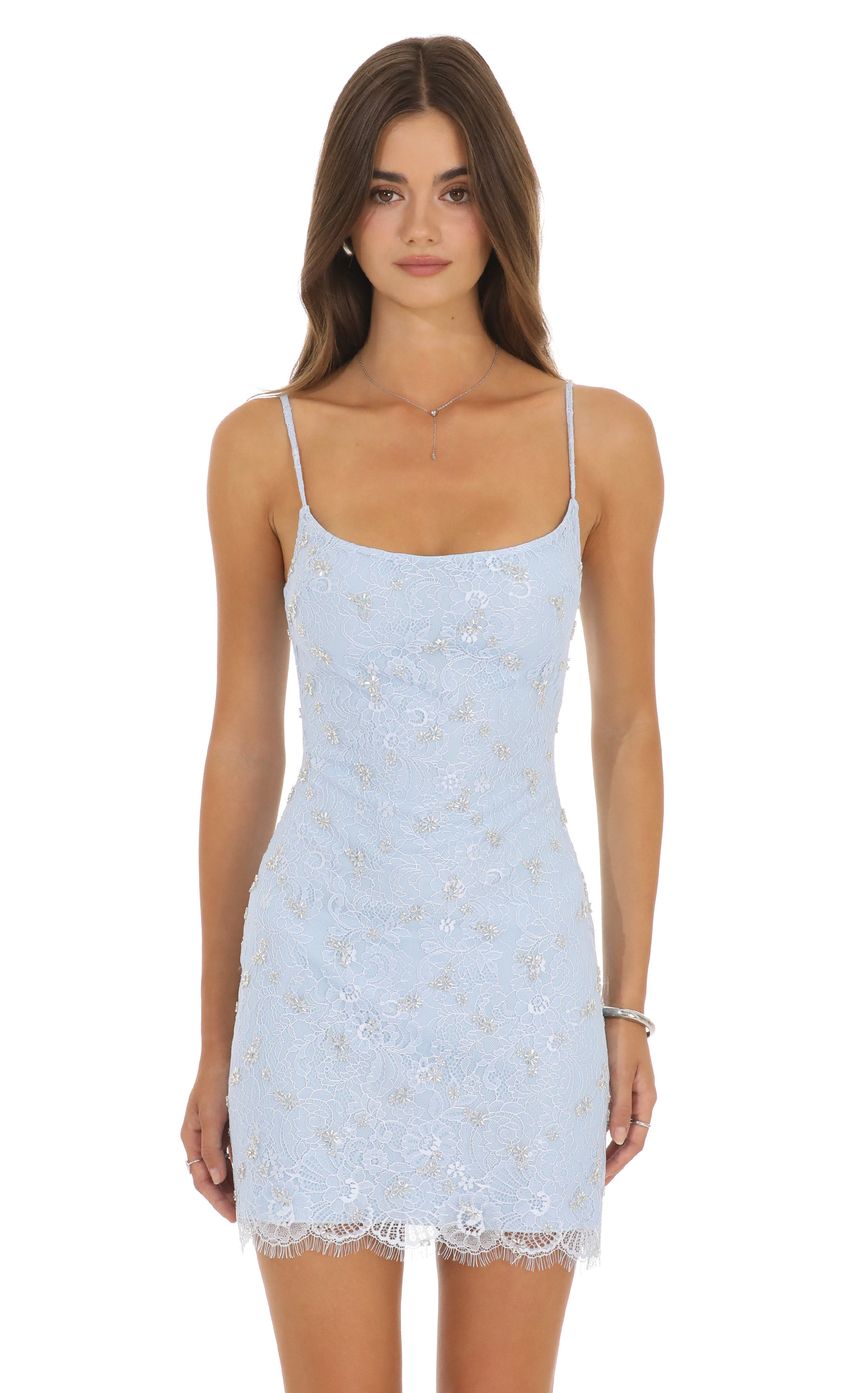 Beaded Lace Mini Dress in Light Blue