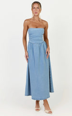 Isabella Midi Dress - Denim Strapless Ruched Dress in Mid Blue Wash