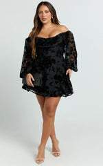 Jessell Mini Dress - Long Sleeve Cowl Corset Dress in Ebony Burnout