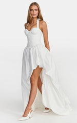 Aurella Maxi Dress - Lace Corset Bodice Asymmetric Bubble Hem Dress in White