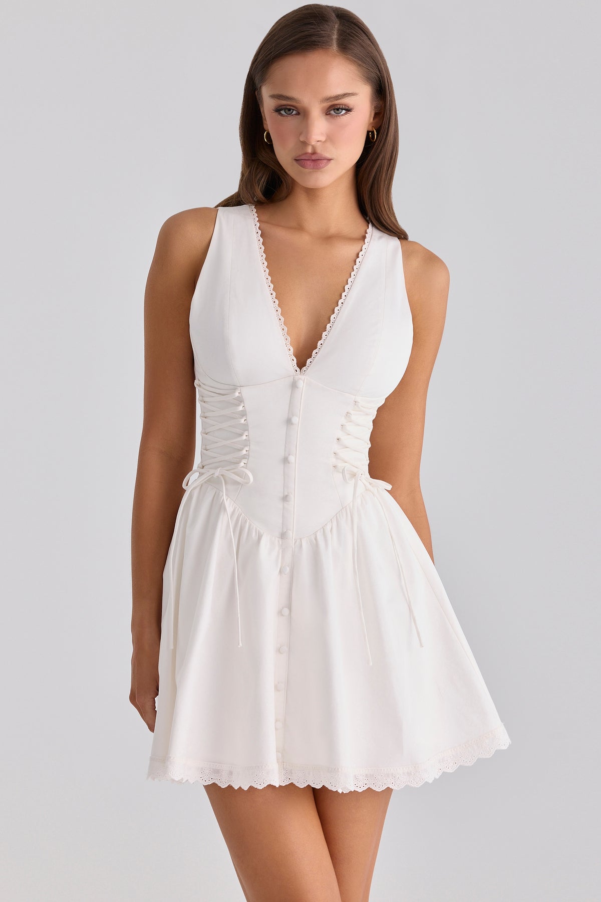 White Cotton Lace Up Mini Dress