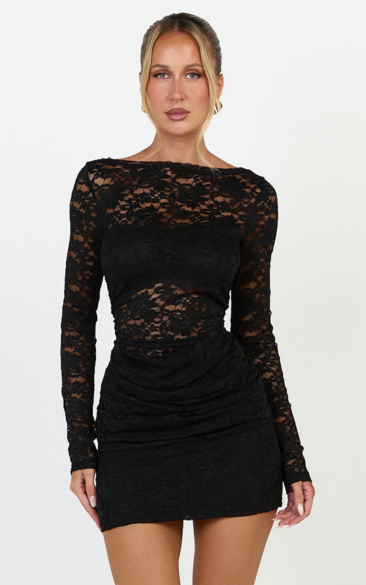 Skye Mini Dress - Lace Long Sleeve Draped Skirt Dress in Black