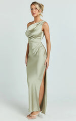 Laurie Maxi Dress - One Shoulder Ruched Dress in Light Olive