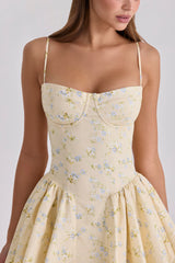 Lemon Floral Print Cotton Corset Mini Dress
