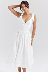 White Pin Tuck Cotton Midi Sundress