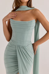 Jade Crepe Strapless Maxi Dress With Detachable Georgette Cape