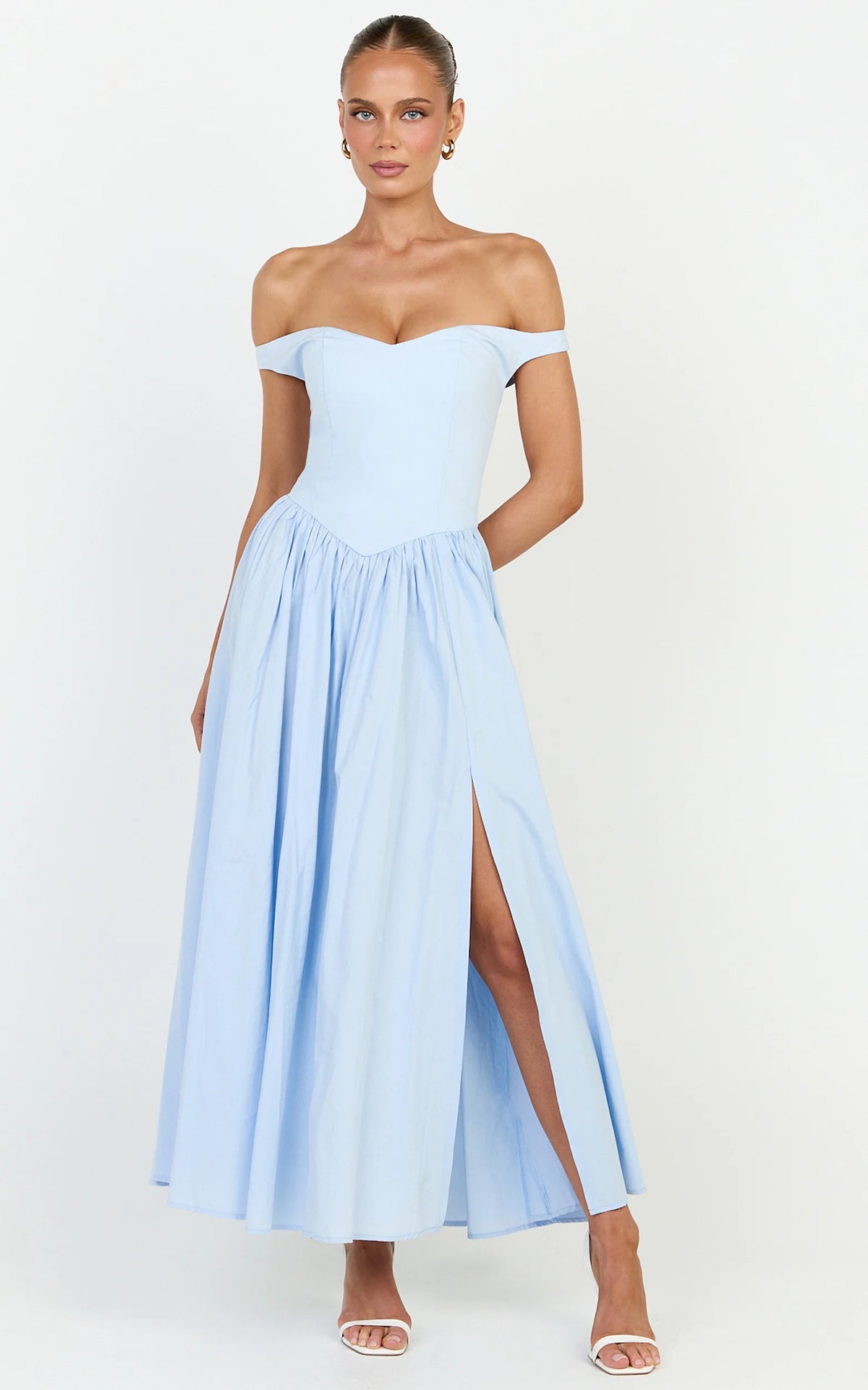 Lacey Midi Dress - Off Shoulder Gathered Waist Dress in Blue