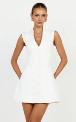 Jacinta Mini Dress - Sleeveless Button Front Tulip Dress in Off White
