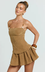 Edie Mini Dress - Straight Neck Gathered Drop Waist Dress in Brown
