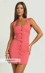 Ricki Mini Dress - Linen Halter Neck Shift Dress in Red