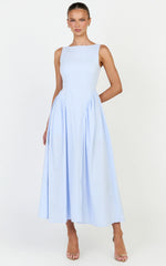 Casina Midi Dress - Boat Neck Tie Back Fit And Flare Dress in Blue