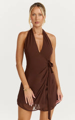 Eva Mini Dress - Plunge Halter Wrap Dress in Chocolate