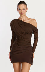 Cyra Mini Dress - Long Sleeve Drape Overlay Dress in Chocolate