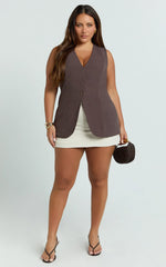 Olivia Top - Longline Linen V Neck Back Tie Vest Top in Chocolate