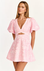 Rosalie Mini Dress - Floral Jacquard V Neck Fit and Flare Dress in Pink
