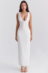 White Cotton Broderie Anglais Plunge Maxi Dress