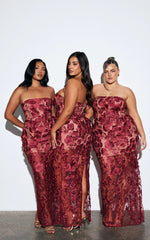 Sienna Maxi Dress - 3D Floral Strapless Column Dress in Wine