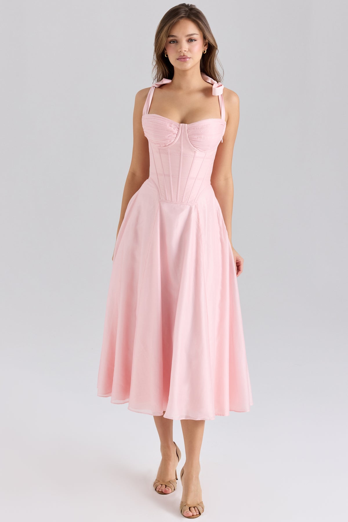 Pink Chiffon Tie Strap Midi Dress