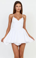 Julie Mini Dress - V Neck Drop V Waist Pleated Dress in White