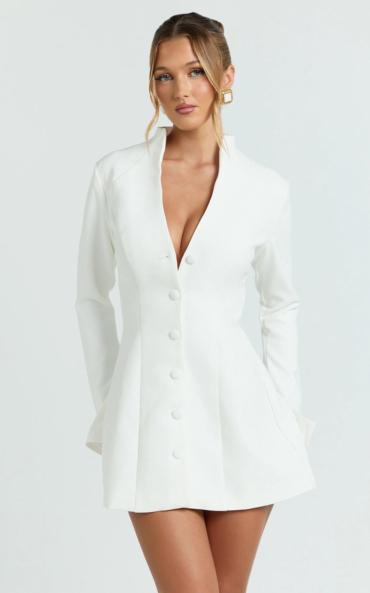 Layton Mini Dress - V Neck Long Sleeve Button Front Tulip Skirt Dress in White