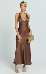 Khalani Midi Dress - Deep V Neck Satin Slip Dress in Chocolate