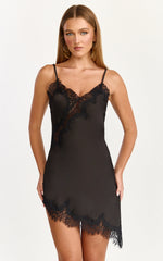 Iris Mini Dress - Lace Trim Asymmetrical Camisole Dress in Black