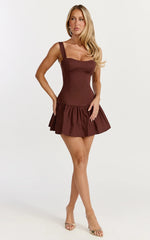 Nyx Mini Dress - Balconette Bodice Drop Waist Dress in Chocolate