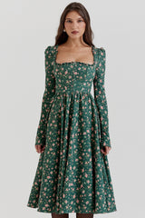 Green Floral Print Midi Dress
