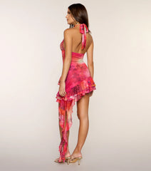 Vivid Escape Ruffle Halter Mini Dress