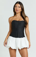 Santana Mini Dress - Strapless Fit And Flare Bubble Hem Dress in Black/White