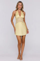 Pretty Season Satin Lace Halter Mini Dress Butter