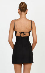 Gigi Mini Linen Blend Dress - Sweetheart Tie Back Scallop Detail Dress in Black