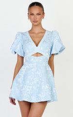 Rosalie Mini Dress - Floral Jacquard V Neck Fit and Flare Dress in Blue