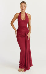 Dixie Maxi Dress - Plunge Halter Low Back Dress in Wine