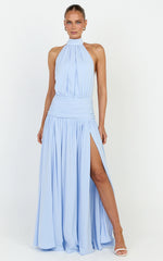 Lila Maxi Dress - Backless High Neck Halter Dress in Blue
