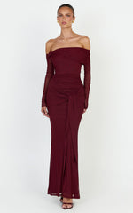Waverly Maxi Dress - Long Sleeve Off Shoulder Dress in Wine
