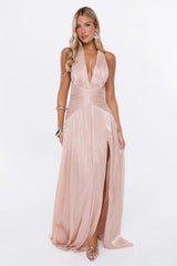 First Class Night Halter Maxi Dress Champagne