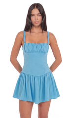 Ruched Fit and Flare Mini Dress in Aqua Blue