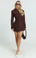 Thelma Mini Dress - Button Front Pleat Waist Tulip Skirt Shirtdress in Chocolate